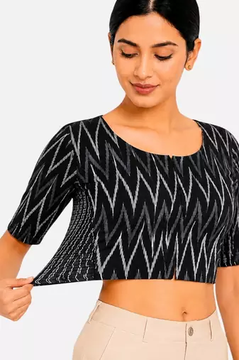 Black printed inner cotton lining side (smocked) stretchable top readymade saree blouse
