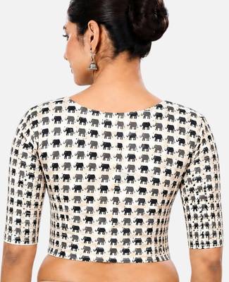 Grey printed inner cotton lining side (smocked) stretchable top readymade saree blouse 2
