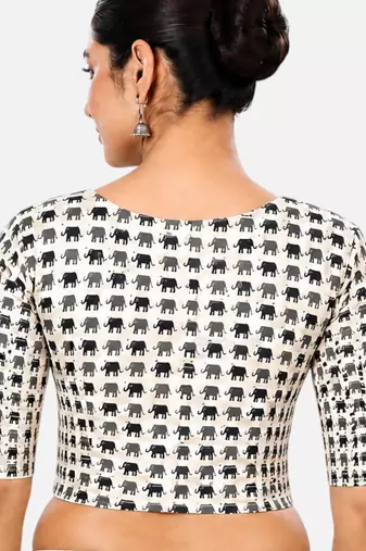 Grey printed inner cotton lining side (smocked) stretchable top readymade saree blouse