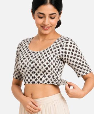 Cream printed inner cotton lining side (smocked) stretchable top readymade saree blouse 3