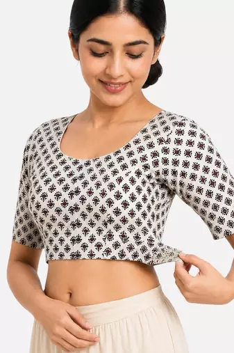 Cream printed inner cotton lining side (smocked) stretchable top readymade saree blouse