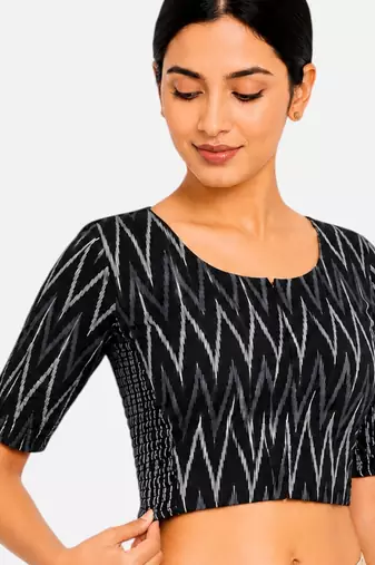 Black printed inner cotton lining side (smocked) stretchable top readymade saree blouse