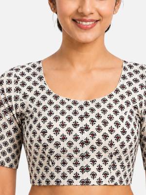 Cream printed inner cotton lining side (smocked) stretchable top readymade saree blouse 4