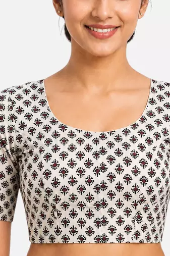 Cream printed inner cotton lining side (smocked) stretchable top readymade saree blouse