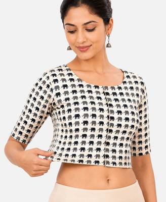 Grey printed inner cotton lining side (smocked) stretchable top readymade saree blouse 3
