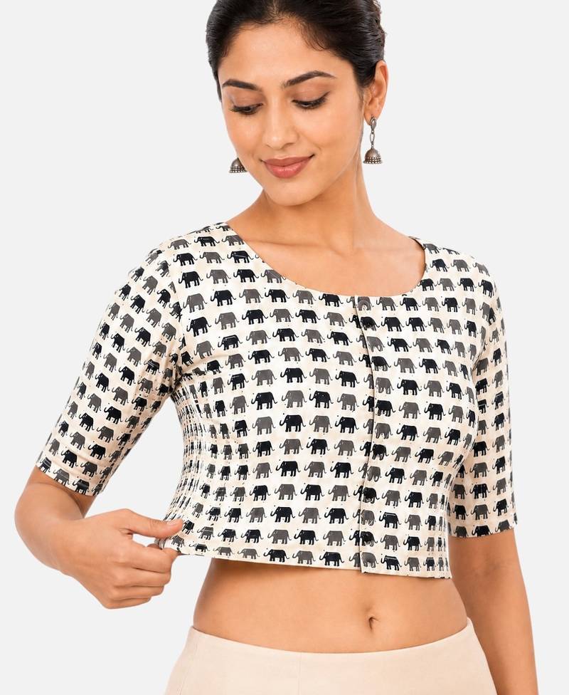 Grey printed inner cotton lining side (smocked) stretchable top readymade saree blouse