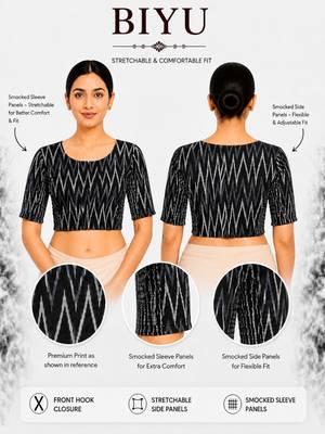 Black printed inner cotton lining side (smocked) stretchable top readymade saree blouse 5