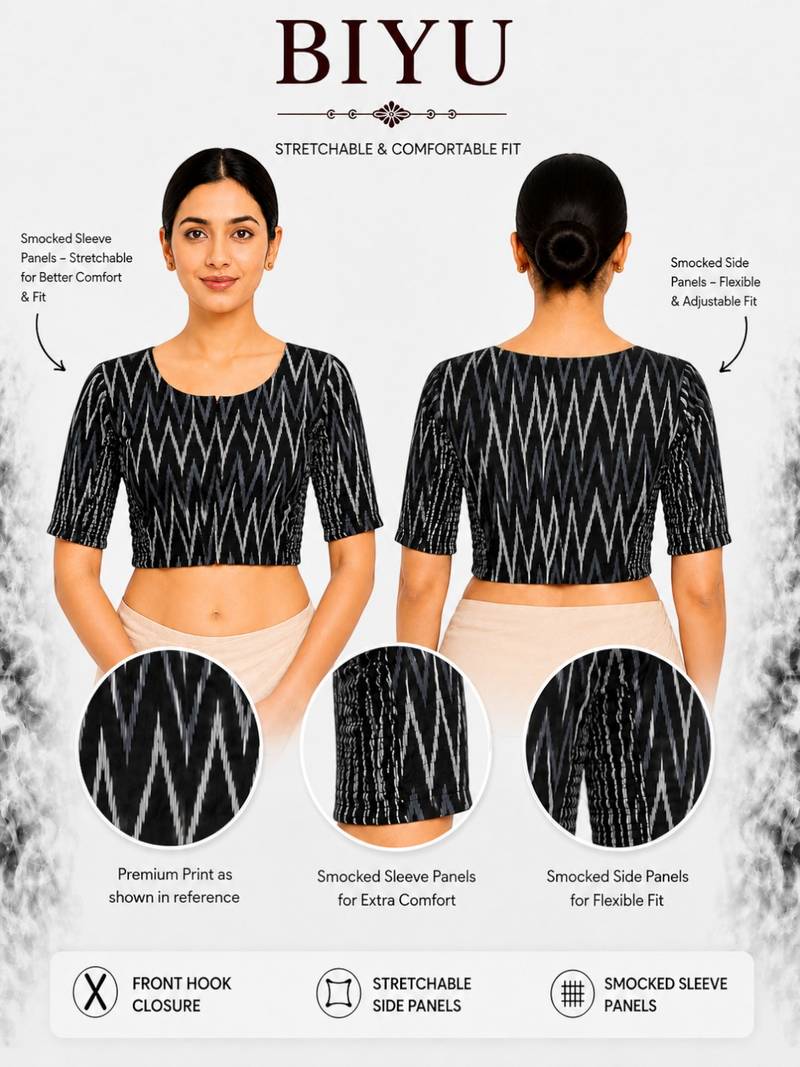 Black printed inner cotton lining side (smocked) stretchable top readymade saree blouse