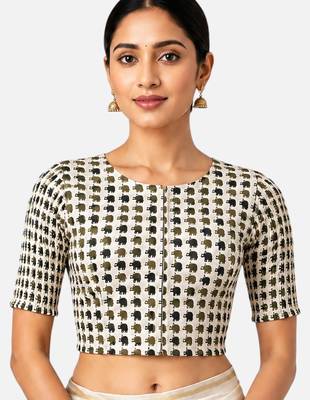 Green printed inner cotton lining side (smocked) stretchable top readymade saree blouse 1