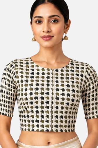 Green printed inner cotton lining side (smocked) stretchable top readymade saree blouse