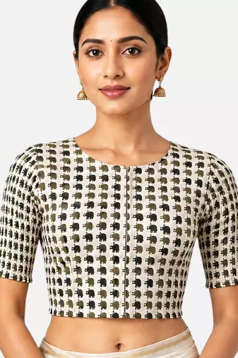 Green printed inner cotton lining side (smocked) stretchable top readymade saree blouse