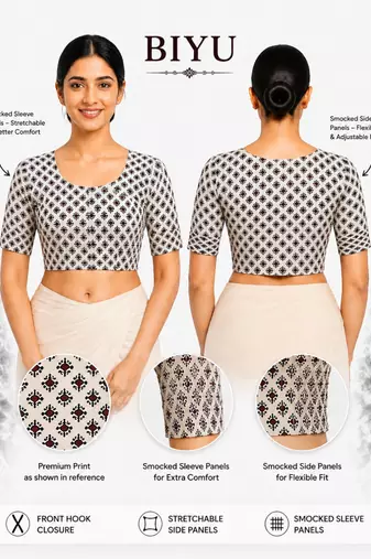 Cream printed inner cotton lining side (smocked) stretchable top readymade saree blouse