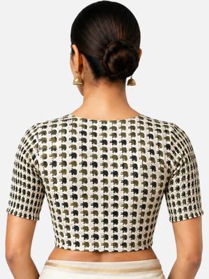 Green printed inner cotton lining side (smocked) stretchable top readymade saree blouse 2