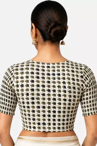 Green printed inner cotton lining side (smocked) stretchable top readymade saree blouse