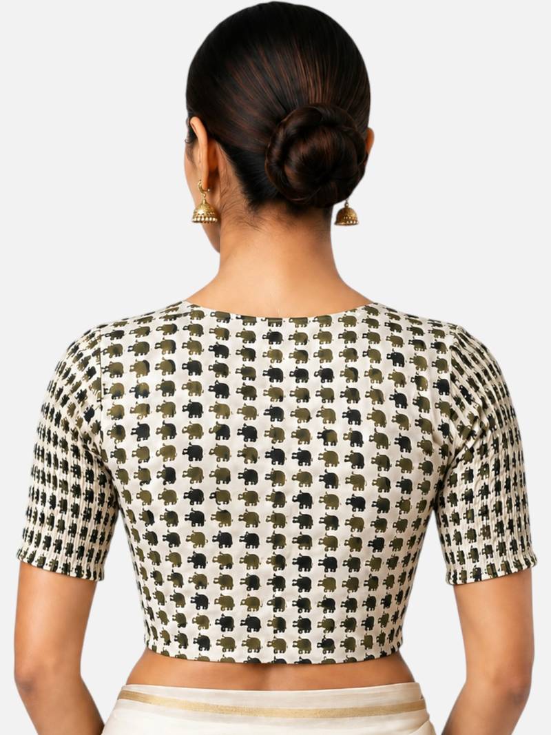 Green printed inner cotton lining side (smocked) stretchable top readymade saree blouse
