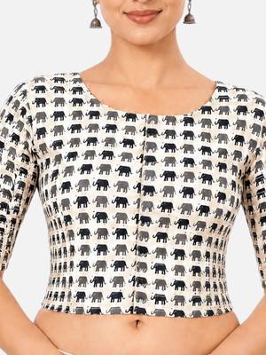Grey printed inner cotton lining side (smocked) stretchable top readymade saree blouse 4