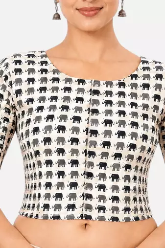 Grey printed inner cotton lining side (smocked) stretchable top readymade saree blouse