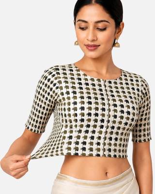 Green printed inner cotton lining side (smocked) stretchable top readymade saree blouse 3