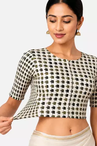Green printed inner cotton lining side (smocked) stretchable top readymade saree blouse