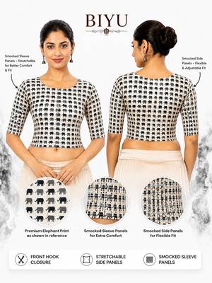 Grey printed inner cotton lining side (smocked) stretchable top readymade saree blouse 5