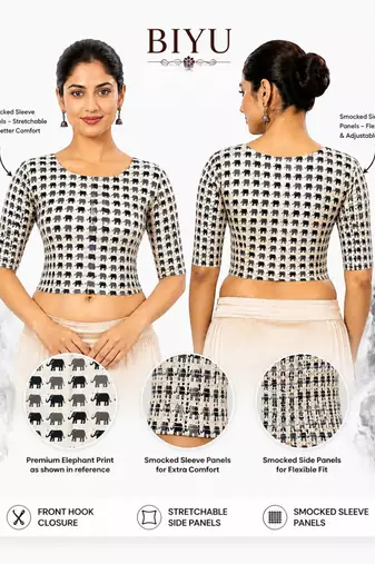 Grey printed inner cotton lining side (smocked) stretchable top readymade saree blouse