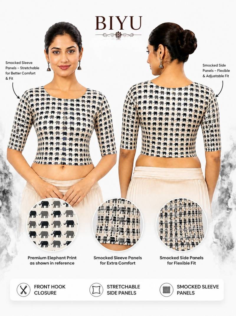 Grey printed inner cotton lining side (smocked) stretchable top readymade saree blouse