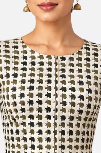 Green printed inner cotton lining side (smocked) stretchable top readymade saree blouse