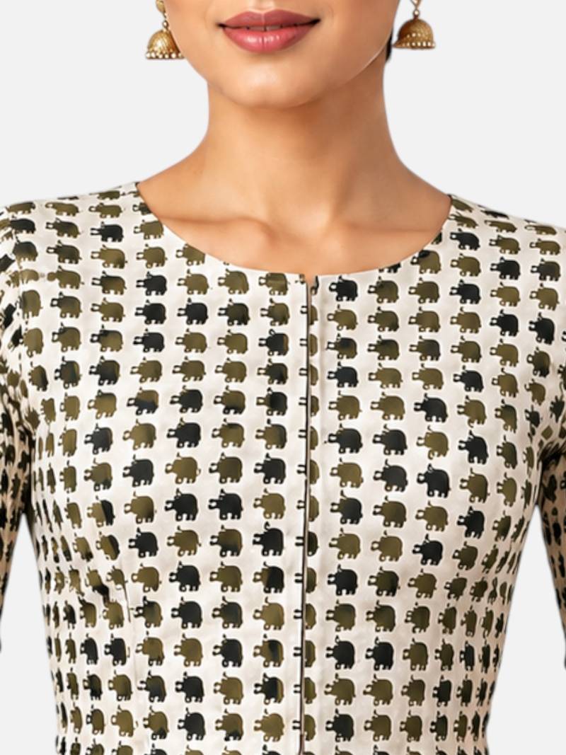 Green printed inner cotton lining side (smocked) stretchable top readymade saree blouse