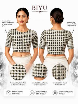 Green printed inner cotton lining side (smocked) stretchable top readymade saree blouse 5