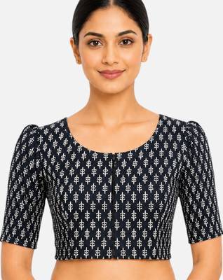 Black printed inner cotton lining side (smocked) stretchable top readymade saree blouse 1