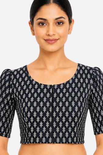 Black printed inner cotton lining side (smocked) stretchable top readymade saree blouse