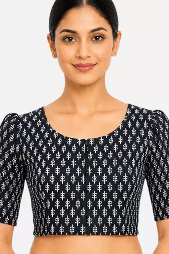 Black printed inner cotton lining side (smocked) stretchable top readymade saree blouse