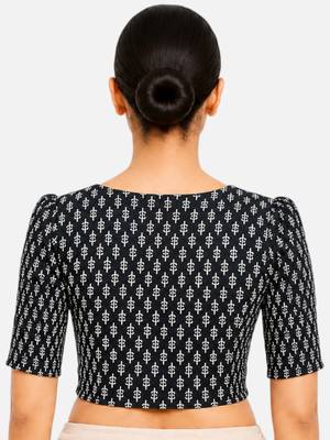 Black printed inner cotton lining side (smocked) stretchable top readymade saree blouse 2