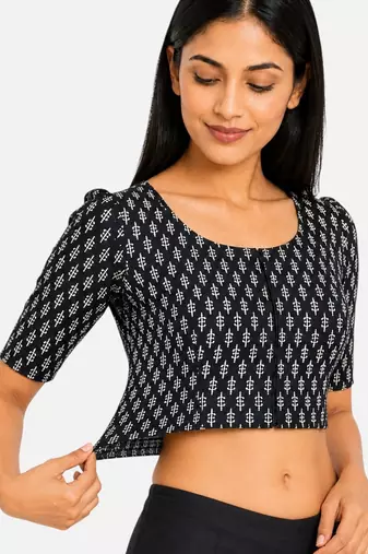 Black printed inner cotton lining side (smocked) stretchable top readymade saree blouse