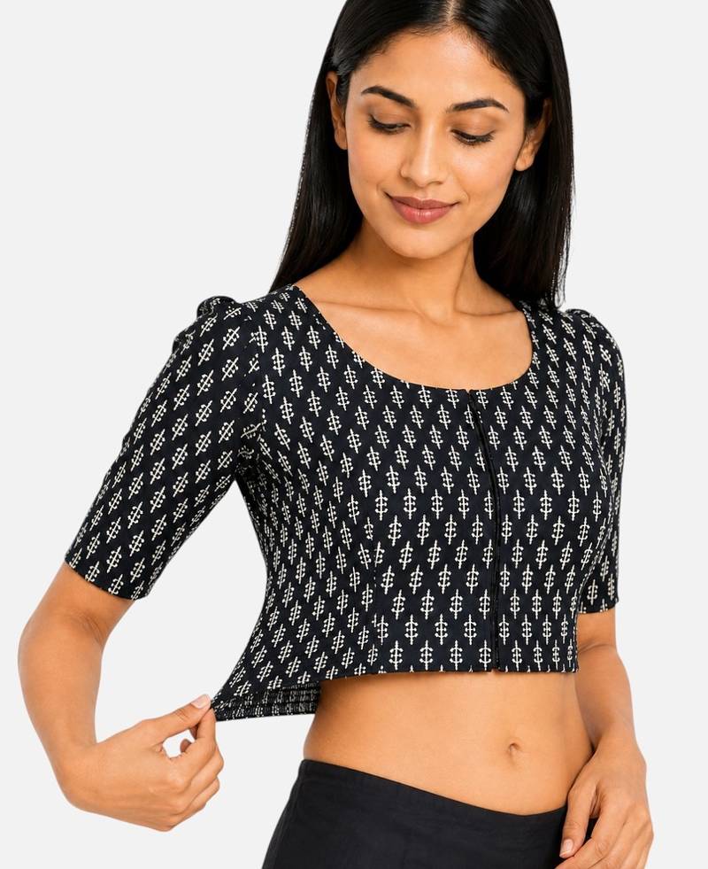 Black printed inner cotton lining side (smocked) stretchable top readymade saree blouse