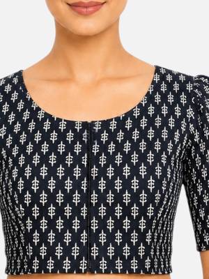 Black printed inner cotton lining side (smocked) stretchable top readymade saree blouse 4