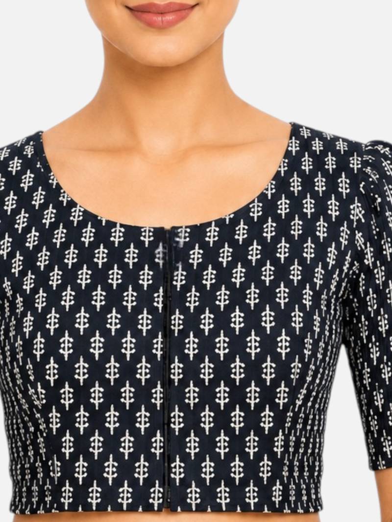 Black printed inner cotton lining side (smocked) stretchable top readymade saree blouse