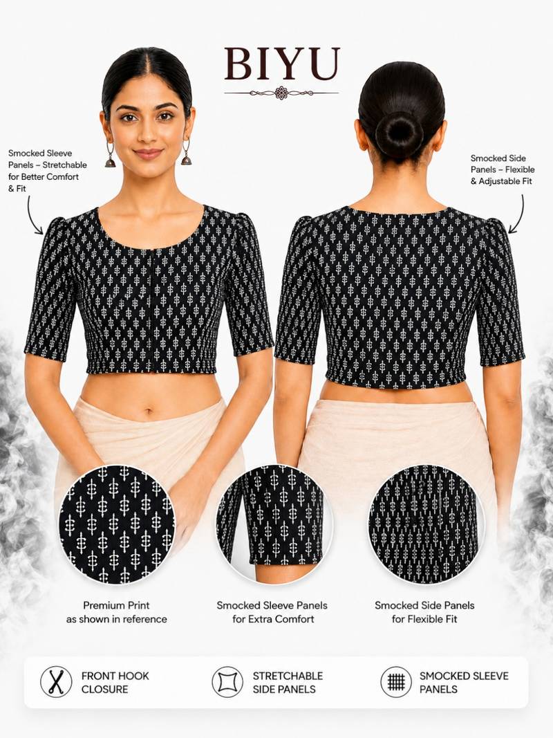 Black printed inner cotton lining side (smocked) stretchable top readymade saree blouse