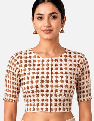 Copper printed inner cotton lining side (smocked) stretchable top readymade saree blouse 1