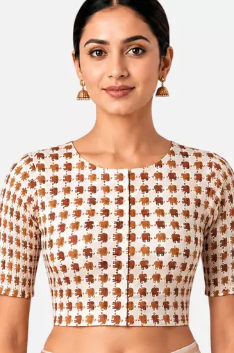 Copper printed inner cotton lining side (smocked) stretchable top readymade saree blouse