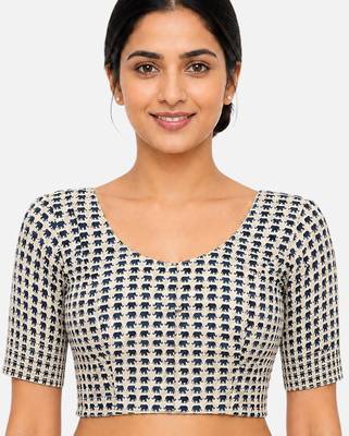 Blue printed inner cotton lining side (smocked) stretchable top readymade saree blouse 1