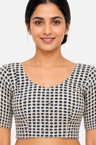 Blue printed inner cotton lining side (smocked) stretchable top readymade saree blouse