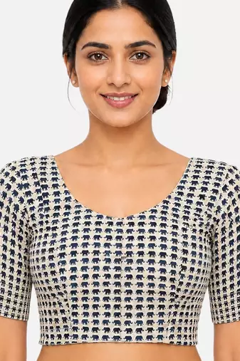 Blue printed inner cotton lining side (smocked) stretchable top readymade saree blouse