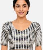 Blue printed inner cotton lining side (smocked) stretchable top readymade saree blouse