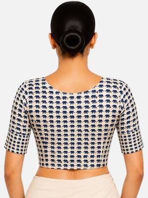 Blue printed inner cotton lining side (smocked) stretchable top readymade saree blouse 2