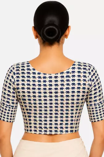 Blue printed inner cotton lining side (smocked) stretchable top readymade saree blouse