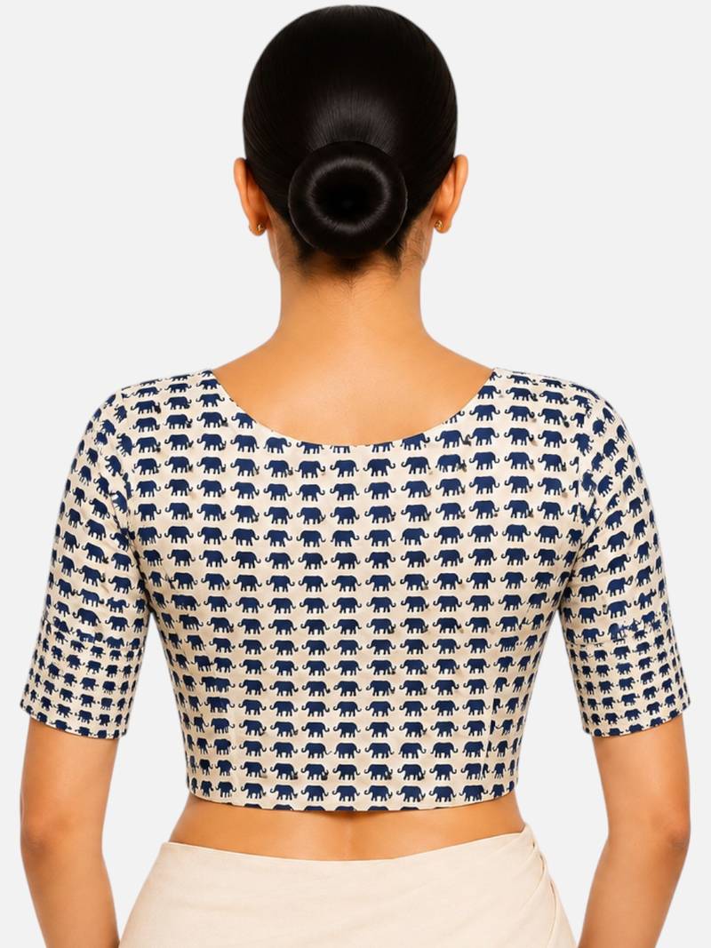 Blue printed inner cotton lining side (smocked) stretchable top readymade saree blouse