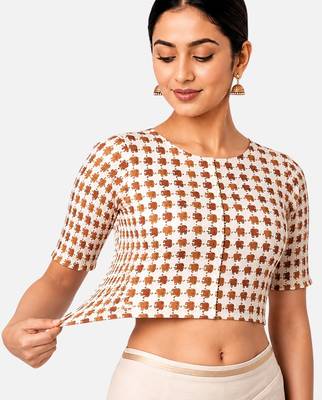 Copper printed inner cotton lining side (smocked) stretchable top readymade saree blouse 3