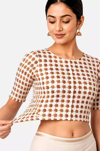 Copper printed inner cotton lining side (smocked) stretchable top readymade saree blouse