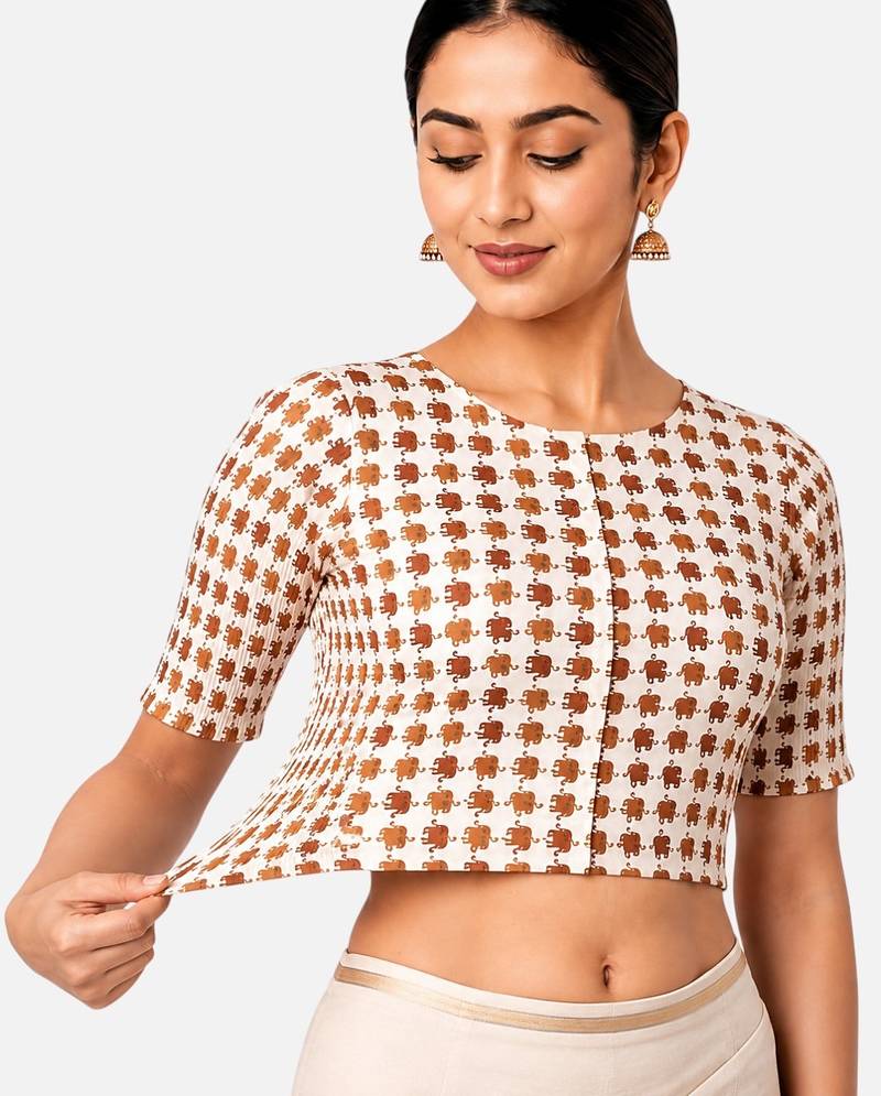 Copper printed inner cotton lining side (smocked) stretchable top readymade saree blouse